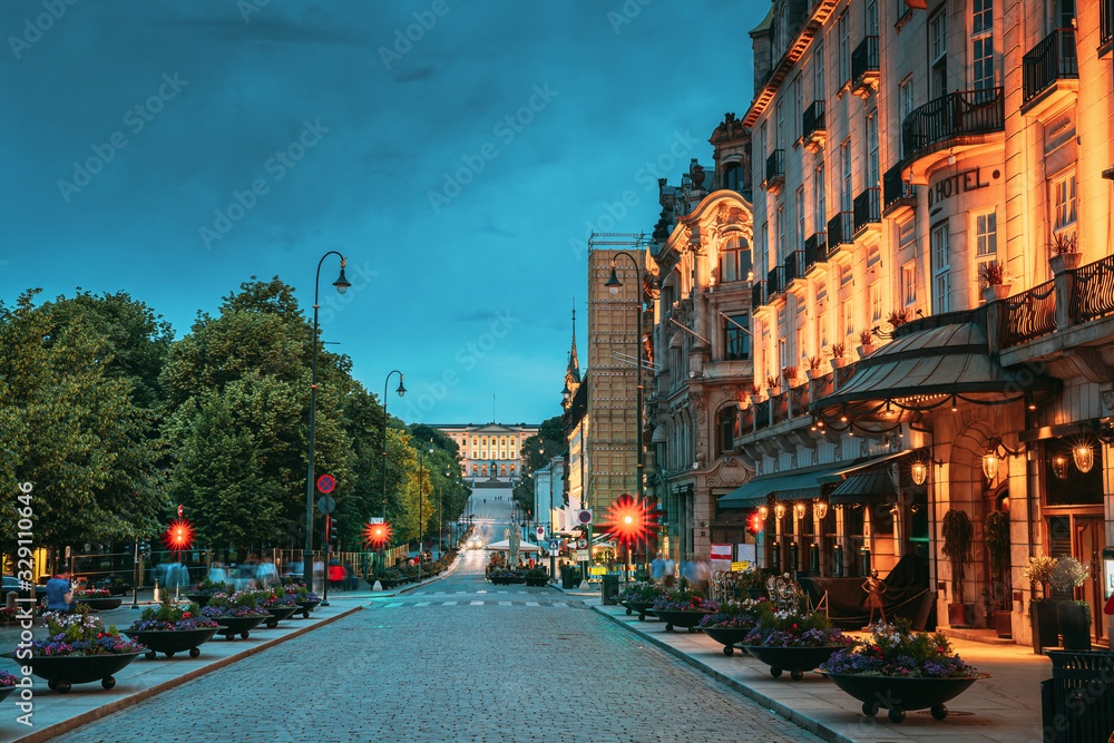 Oslo, Norway. Night View Karl Johans gate Street. Residential Multi-storey Houses In Centrum District. Summer Evening. Residential Area. - obrazy, fototapety, plakaty 