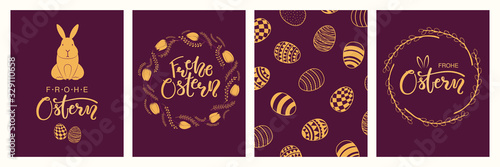 Collection of greeting cards with rabbits, eggs, flowers, German text Frohe Ostern, Happy Easter. Gold on purple background. Flat style design. Concept for holiday print, invite, gift tag, banner.