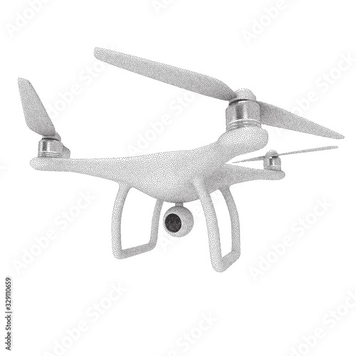 Remote control air drone. Dron flying. Dotwork Halftone Style Monochrome Gradient Vector Illustration.