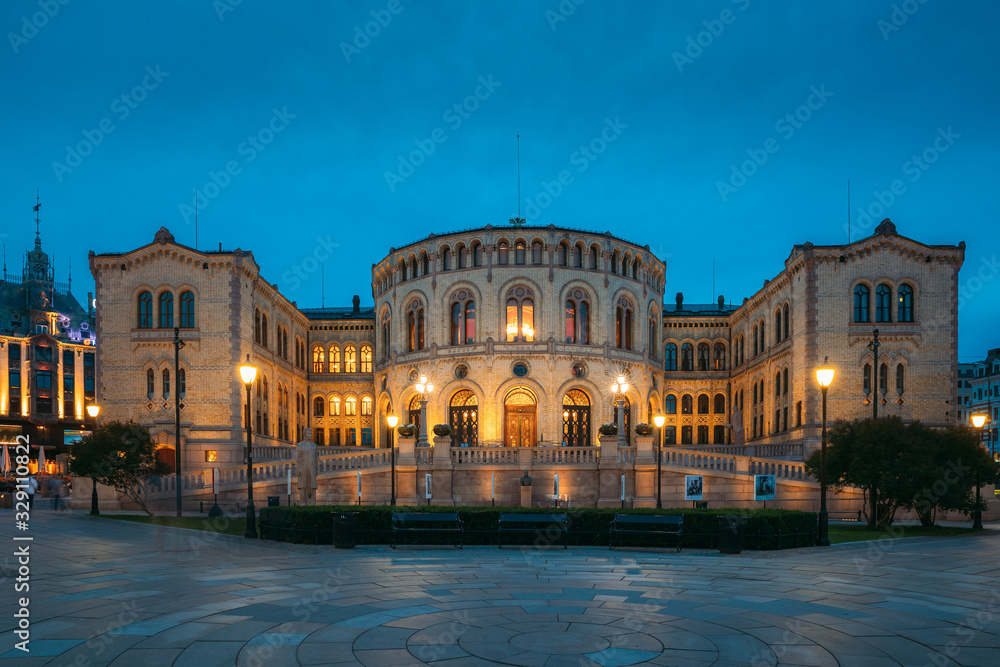 Oslo, Norway. Night View Of Storting Building. Parliament Of Norway Building