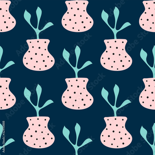 Fototapeta Simple seamless pattern with a plant in a vase. Cute modern vector illustration.