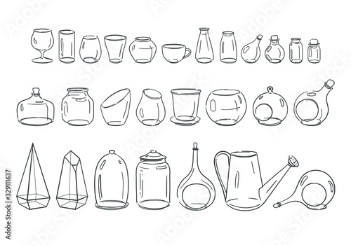 Big set of glass objects  glasses  jars  bottles  aquariums  flasks. Vector household objects isolated on white. Linear sketches of mason jar wine glass  vases  etc. 