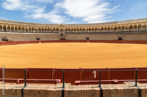 Panoramic view of the Plaza de toros de Sevilla, Ancient famous bullring in Seville without people
