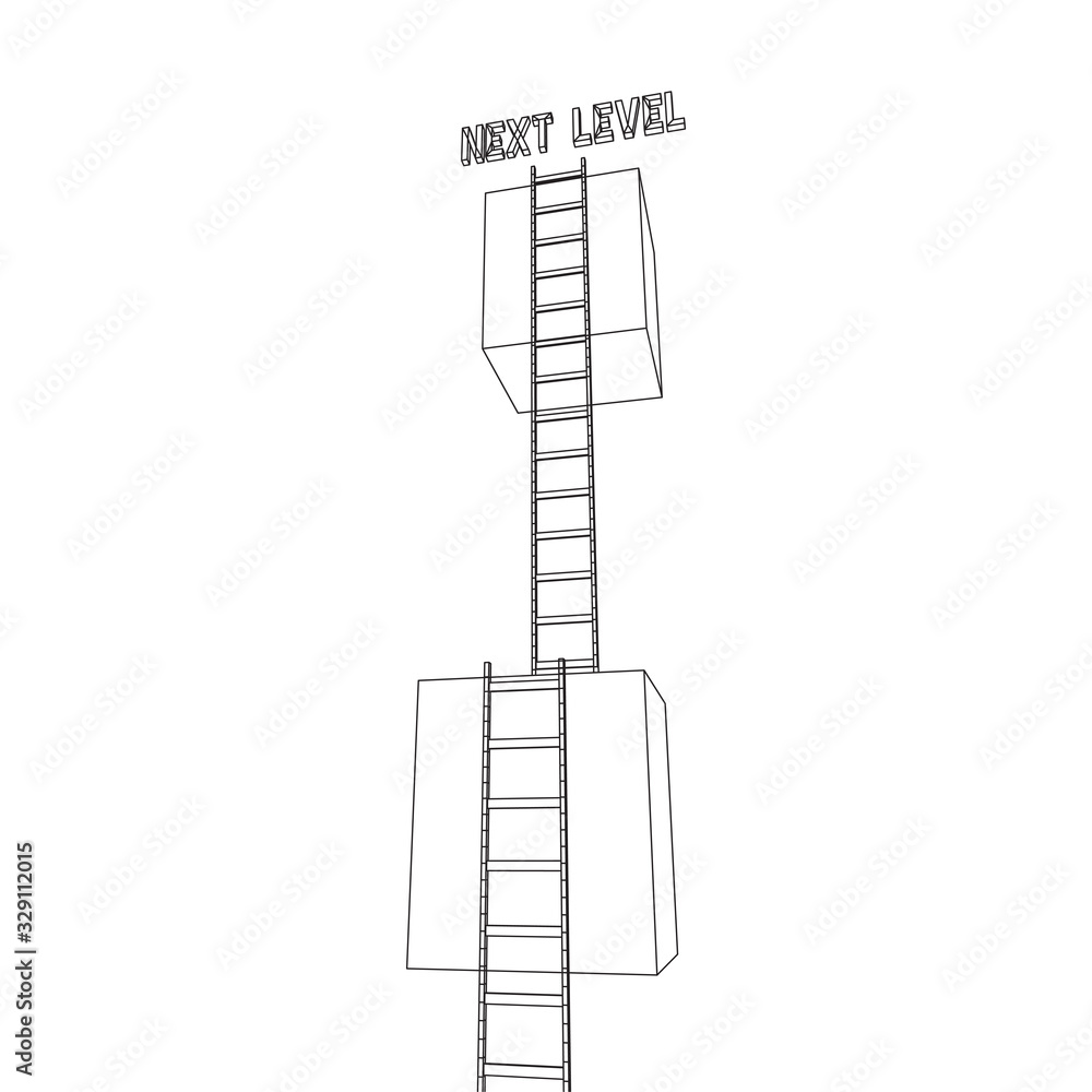 Next level with high giant box wall towards the sky with clouds and tall ladders. Pass challenge to reach the goal concept. Wireframe low poly mesh vector illustration.