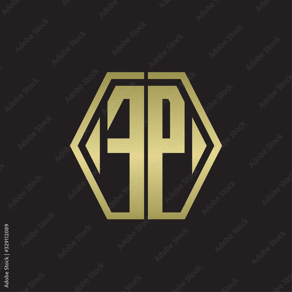 FP Logo monogram with hexagon line rounded design template with gold colors