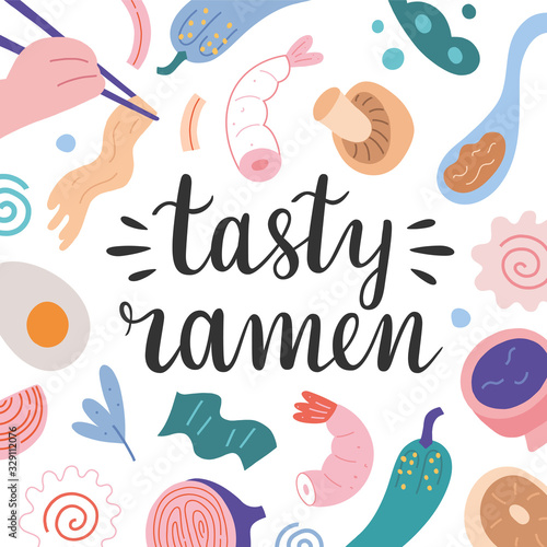 Tasty ramen menu cover template, vector background, lettering logo and hand drawn illustrations of ramen noodle soup with chopsticks and ingredient, trendy flat art for cafe, restaurant