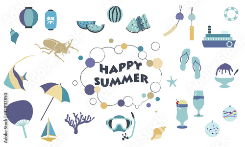 夏　イラスト　ベクター　セット　かわいい　シンプル　青