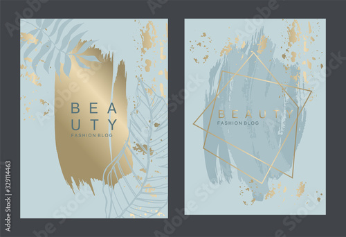 Set of gentle design templates cards for beauty salon or wedding invitation with pastel grey blue, gold brush strokes and palm leaves