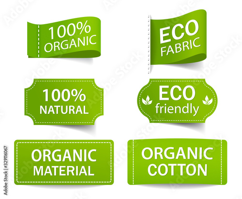 Green label for eco, organic product. Natural tag for cloth. Cotton organic badge for guarantee quality. Ecofriendly textile emblem of bio material. Health care of environment concept. Textile vector.
