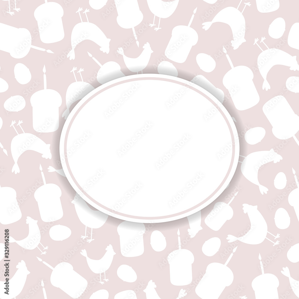 Easter greeting card with white frame. Square banner with silhouette Easter cakes, chicken and eggs white on a beige background. Place for your text. Vector template Greeting card. Easter greeting card with white frame. Square banner with silhouette Easter cakes, chicken and eggs white on a beige background. Place for your text. Vector template Greeting card.