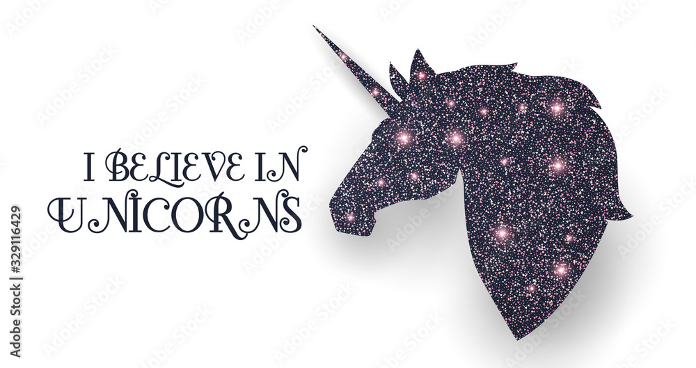 Unicorn head silhouette with pink magic texture. Fantasy design. Stock