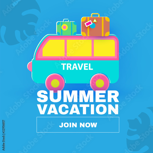 Summer vacation journey. Travel concept. Driving by car. Minivan and suitcases papercraft design.
