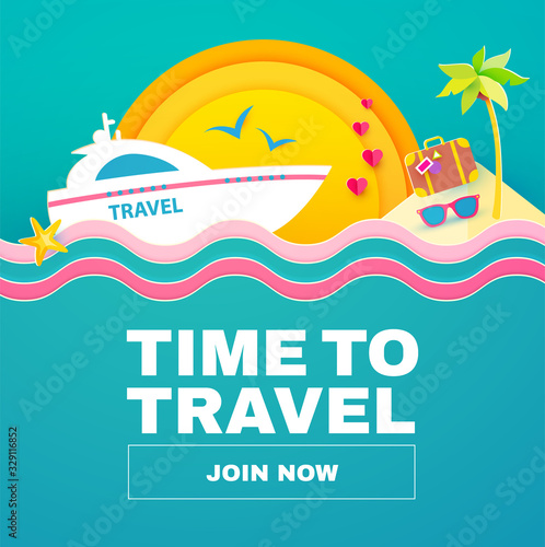 Summer vacation journey. Travel concept. Boat, yacht, sun, palms and sea waves.