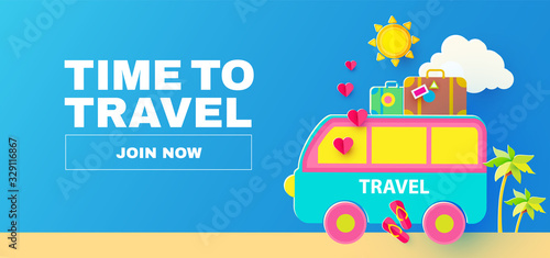 Summer vacation journey. Travel concept. Driving by car. Minivan and suitcases papercraft design.