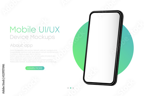 Smartphone with blank screen. Frameless realistic 3d cell phone template for infographics or presentation. UI, UX design with phone for website page. Vector Illustration.