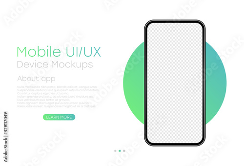 Smartphone with blank transparent screen. Frameless realistic cell phone template for infographics or presentation. UI, UX design with phone for website page. Vector Illustration.