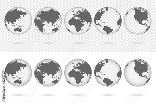 Transparent Earth globes from different sides with shadow. World map globe symbols set isolated on transparent and white background. Vector illustration.