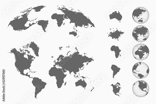 World map set. Earth globes from different sides, maps of continents and 3d map. Vector illustration. 