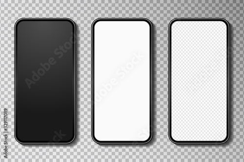 Realistic smartphone mockup set with white, blank and transparent screen and shadow, mobile phone with frameless design. Template for website page, advertising poster at transparent background. Vector