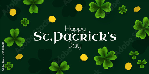 St Patricks Day background with shamrock, lucky clover leaves and coins.