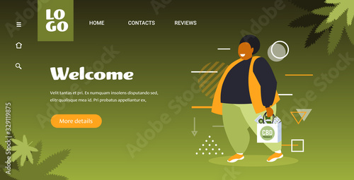 african american man holding shopping bag with cbd products cannabis shop marijuana legalization drugs consumption concept full length copy space horizontal vector illustration
