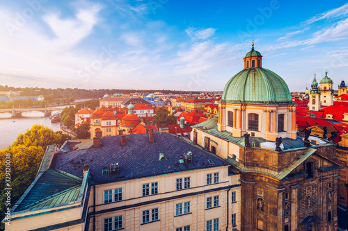 Wallpaper Mural Scenic summer aerial panorama of the Old Town architecture in Prague, Czech Republic. Red roof tiles panorama of Prague old town.  Prague Old Town Square houses with traditional red roofs. Czechia. Torontodigital.ca