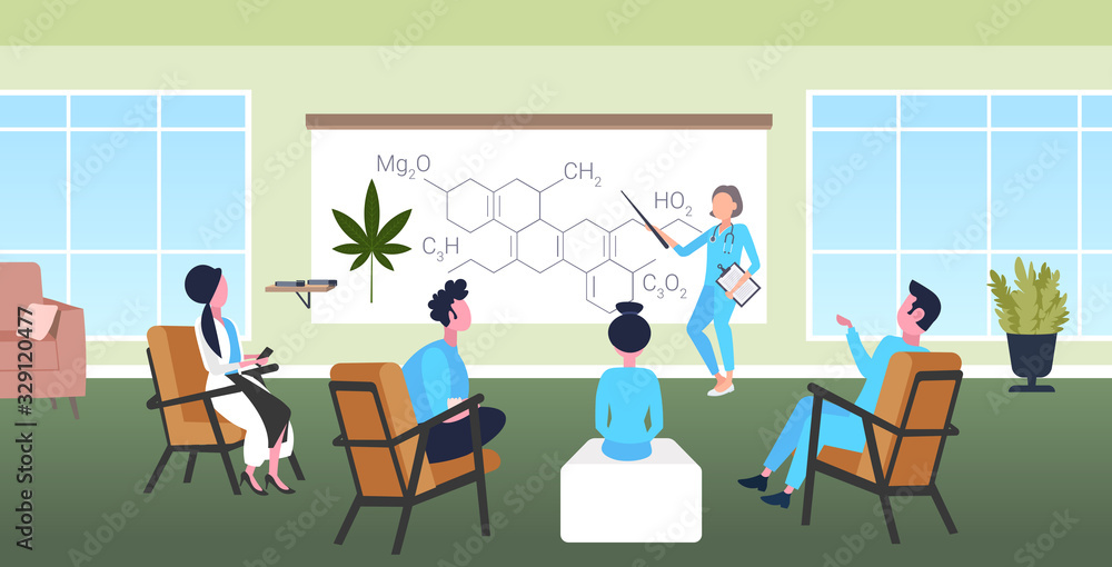 scientist presenting CBD THC cannabis hemp drug molecule for doctors team at conference meeting medical marijuana formula presentation concept full length horizontal vector illustration scientist presenting CBD THC cannabis hemp drug molecule for doctors team at conference meeting medical marijuana formula presentation concept full length horizontal vector illustration