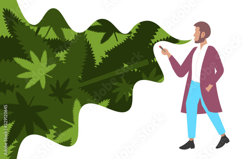 man smoking cannabis joint legal marijuana for recreational use drug consumption concept smoke cloud green leaves background horizontal full length vector illustration