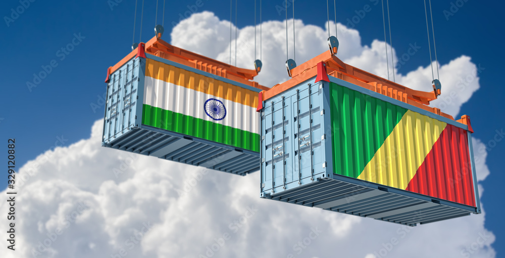Shipping containers with India and Republic of the Congo flag. 3D Rendering 
