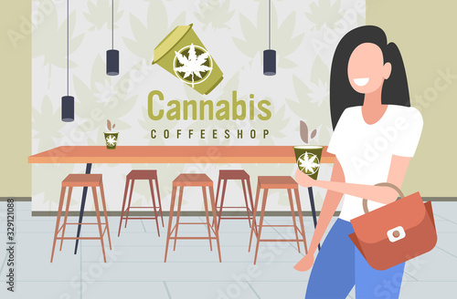 smiling woman with cannabis coffee modern cafe shop interior marijuana legalization drugs consumption concept horizontal portrait vector illustration