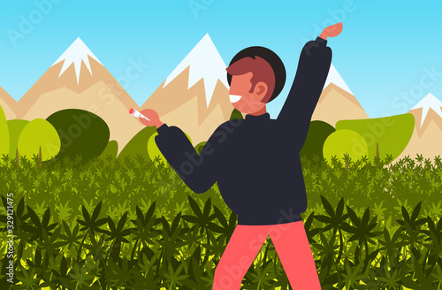man smoking cannabis joint legal marijuana for recreational use drug consumption concept weed medical hemp hash plantation landscape background horizontal portrait vector illustration