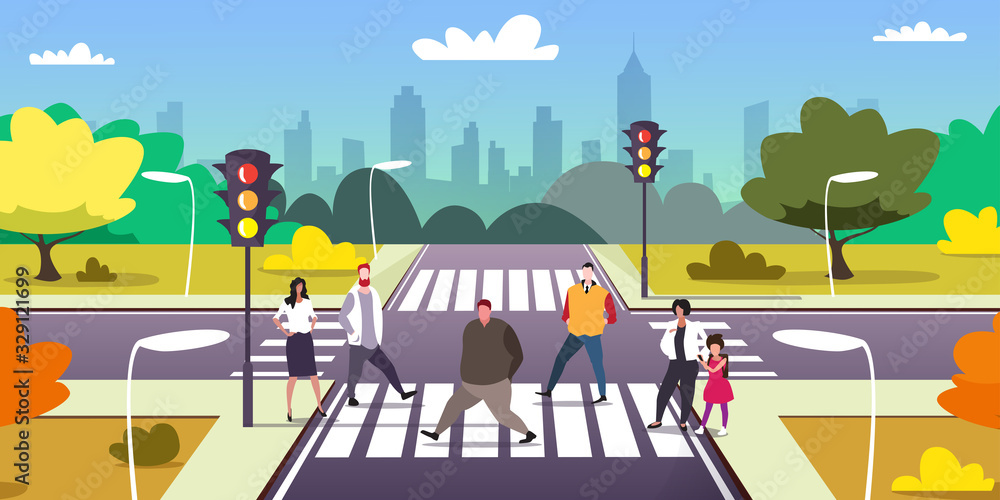 people walking on city street crosswalk urban traffic lights cityscape background horizontal full length vector illustration