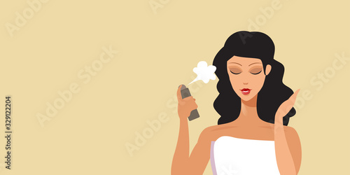 young woman applying hair spray haircare concept portrait horizontal vector illustration