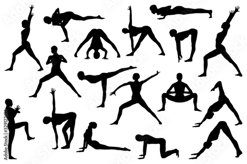 Yoga pose silhouettes big set health benefits for body, mind and emotions