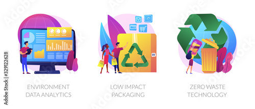 Ecology study and monitoring, sustainable packing, garbage recycling. Environment data analytics, low impact packaging, zero waste technology metaphors. Vector isolated concept metaphor illustrations