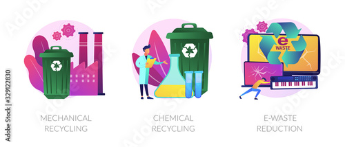 Waste management methods, pollution prevention, obsolete devices disposal. Mechanical recycling, chemical recycling, e-waste reduction metaphors. Vector isolated concept metaphor illustrations