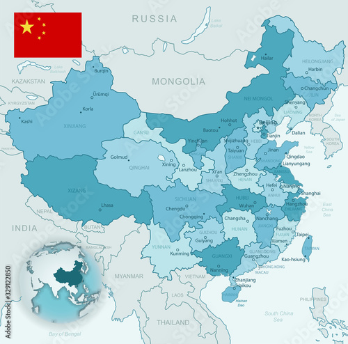 Blue-green detailed map of China and administrative divisions with country flag and location on the globe. Vector illustration