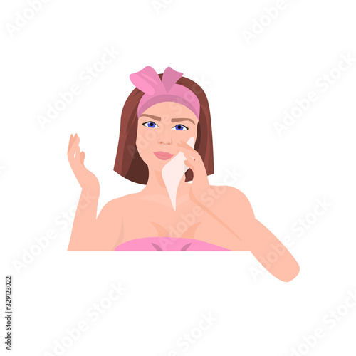 young woman applying foundation cream with spongers girl cleaning and care her face skincare spa relax facial treatment concept portrait vector illustration