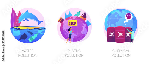 Marine garbage, indecomposable trash. Biological hazard. Toxic industrial waste. Water pollution, plastic pollution, chemical pollution metaphors. Vector isolated concept metaphor illustrations