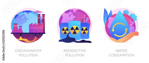 Aqua contamination. Natural resources wasting. Nuclear damage. Groundwater pollution, radioactive pollution, water consumption metaphors. Vector isolated concept metaphor illustrations