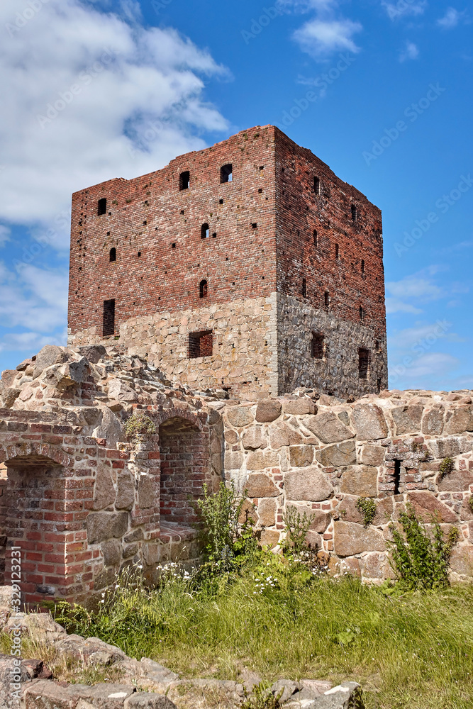 Ruins of Mantel tower in Hammershus castle - Scandinavia's largest medieval fortification.