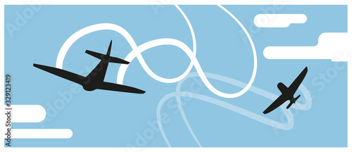 Black silhouettes of jet airplanes doing stunts in the sky. Transportation, acrobatics. Vector illustration.