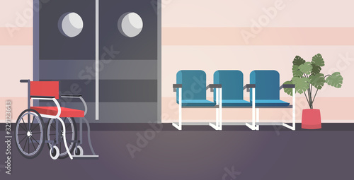 empty hospital corridor with armchairs and wheelchair no people clinic hall interior horizontal vector illustration