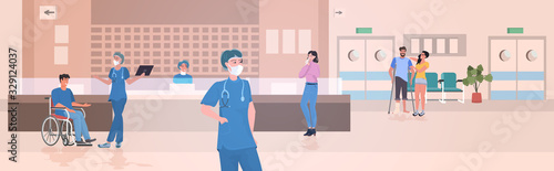 busy nurses station doctors and patients at hospital reception modern clinic hall interior consultation medical diagnosis healthcare concept horizontal full length vector illustration