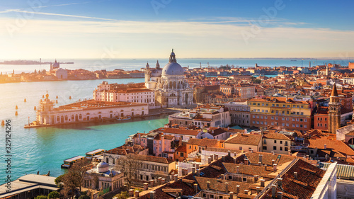 Fototapeta Aerial View of the Grand Canal and Basilica Santa Maria della Salute, Venice, Italy. Venice is a popular tourist destination of Europe. Venice, Italy.