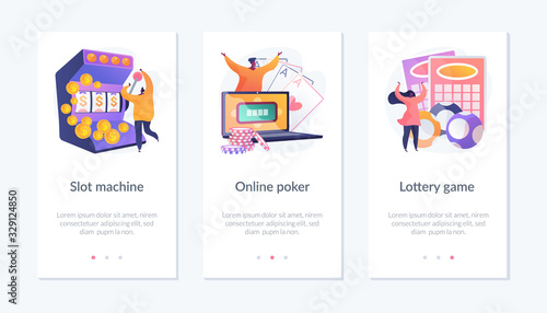 Gambling addiction, internet casino dependence, dangerous entertainment icons set. Slot machine, online poker, lottery game metaphors. Mobile app UI interface wireframe template.