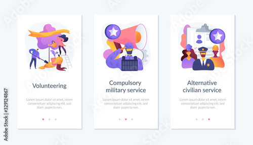 Voluntary work, country protection, employment industry icons set. Volunteering, compulsory military service, alternative civilian service metaphors. Mobile app UI interface wireframe template.