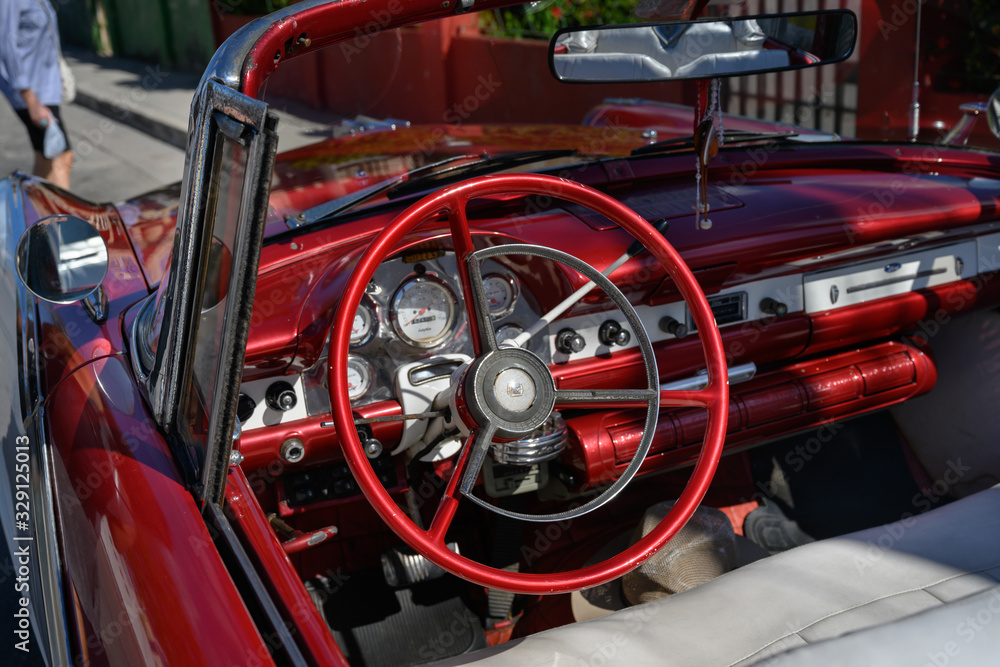 Close-up of stering wheel in a vintage car, Fusterlandia, Jaimanitas, Playa, Havana, Cuba