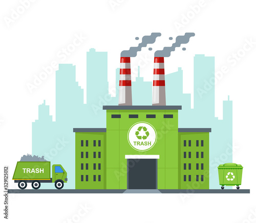 eco garbage recycling plant. carry waste on a truck. flat vector illustration