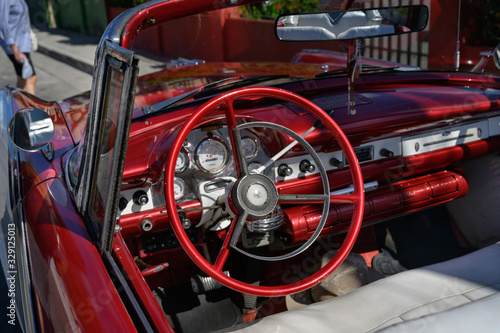 Close-up of stering wheel in a vintage car, Fusterlandia, Jaimanitas, Playa, Havana, Cuba © klevit